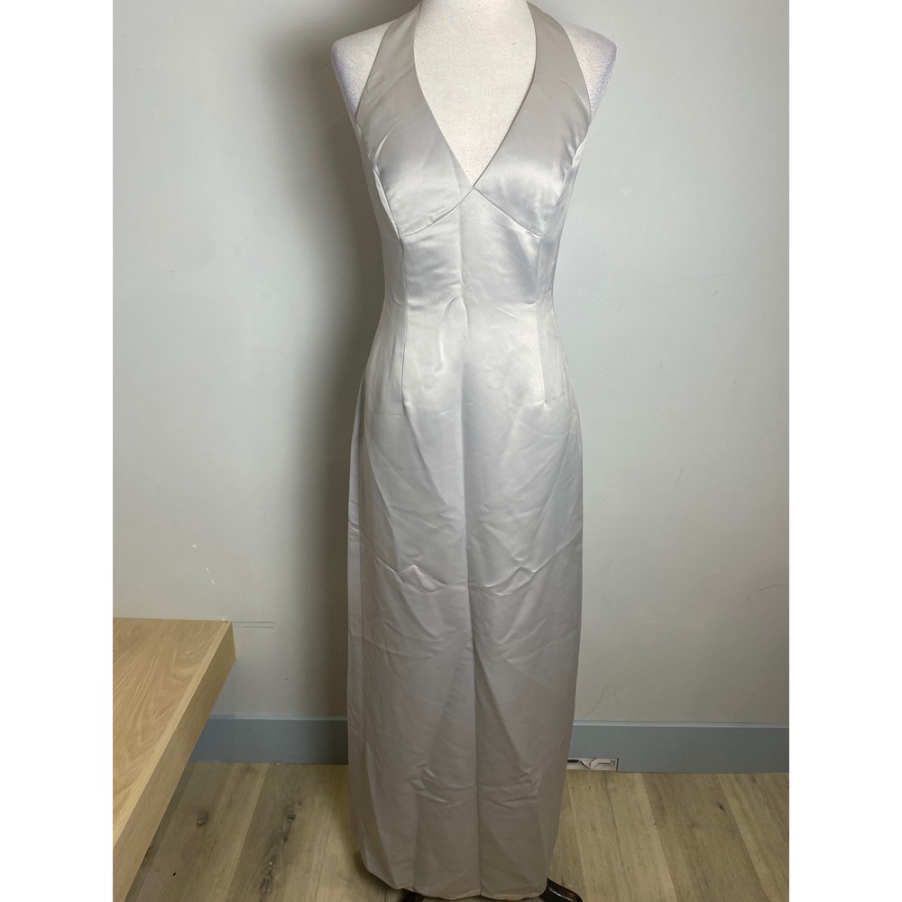 BCBG Maxazria Y2K Silver Satin Halter Neck Formal Dress Bridesmaid Evening Gown